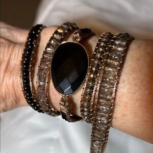 Wrap Bracelet, Natural Stone Black and Grey with Brown Rope